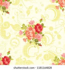 Patrón floral sin fisuras con rosas rojas y rosas. Ilustración vectorial