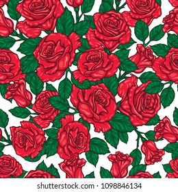 Seamless floral pattern with red roses. Vector background. 