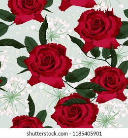 Seamless floral pattern with red roses and white herbs on light mint background. Vector illustration.