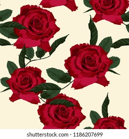 Seamless floral pattern with red roses on beige background. Vector illustration.