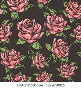 Seamless floral pattern with red roses on dark background. Vector illustration.