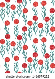 Seamless floral pattern with red roses on white background. Elegant vintage print, Botanical texture. Floral template in hand-drawn style. Vector illustration.
