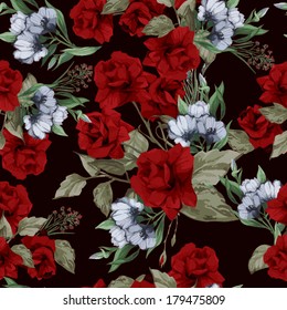 Seamless floral pattern with of red roses on black background, watercolor. Vector illustration.