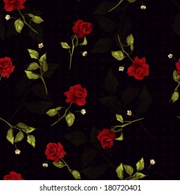 Seamless floral pattern with of red roses on black background. Vector illustration.
