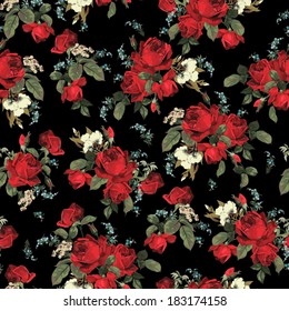 Seamless floral pattern with of red roses on black background. Vector illustration.