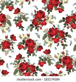 Seamless floral pattern with of red roses on white background. Vector illustration.