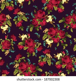 Seamless floral pattern with of  red roses on dark background, watercolor. Vector illustration.