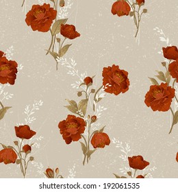 Seamless floral pattern with red roses on light background, watercolor. Vector illustration.