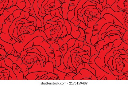 Seamless floral pattern with red roses. Cartoon style. Design for fabric, textile, paper. Colorful flowers on color background. Vector illustration on traditional folk art ornaments.