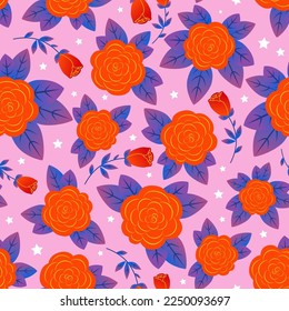 Seamless floral pattern with red roses on a pink background. For fabric design, wallpapers, backgrounds, scrapbooking, packaging, wrapping paper, etc. Vector