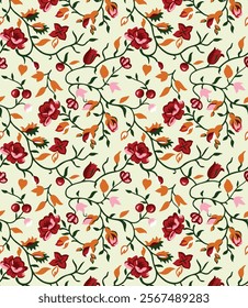 Seamless Floral Pattern with Red Roses and Vines on a Light Cream Background