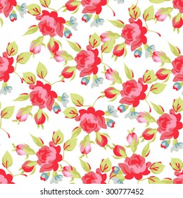 Seamless floral pattern with red roses and little blue flowers 