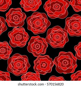 Seamless floral pattern. Red roses on a dark background. For design backgrounds, greeting cards for Valentines day, for design wrapping paper and textiles.