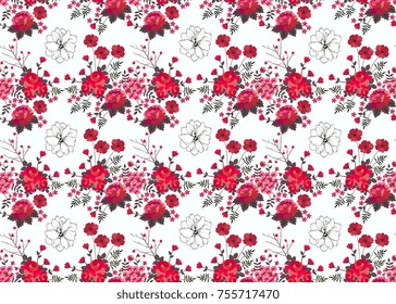 Seamless floral pattern with red roses , berries and poppies isolated on white background. Print for curtain. Vector summer design.