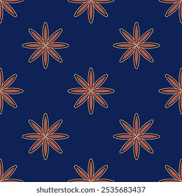 Seamless floral pattern with red stars of blue background. Folk style.
