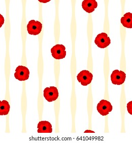 Seamless floral pattern red stylization Poppies flowers and yellow lines on white background, vector, eps 10