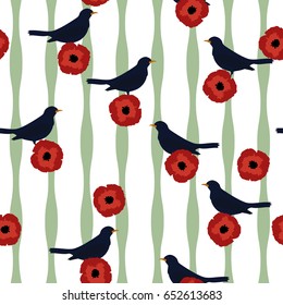 Seamless floral pattern red stylization Poppies flowers, green lines and dark birds on white background, vector, eps 10