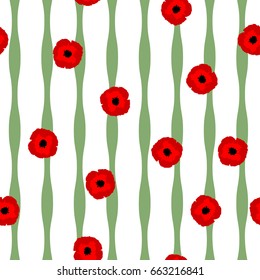 Seamless floral pattern red stylization Poppies flowers and green lines on white background, vector, eps 10