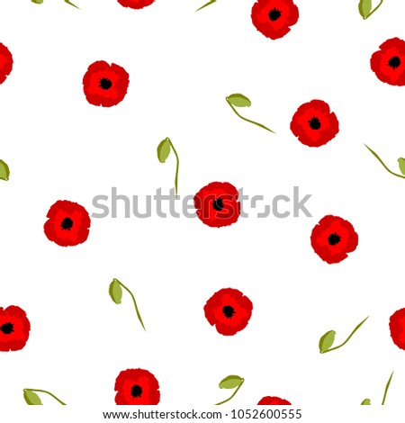 Seamless floral pattern red stylization Poppies flowers with bud isolated on white background, vector, eps 10