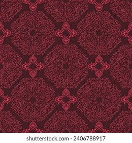 Seamless floral pattern with a red swirl floral geometric. Damask-style vector illustration