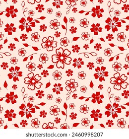 Seamless floral pattern in red tones on a pink background. A simple modern drawing. Floral texture for textiles and clothing design. Vector botanical print.