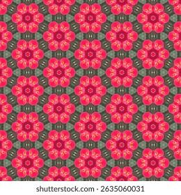 Seamless floral pattern in red tones designed to catch the eye, giving a bright feeling. Green background adds a natural atmosphere of blooming flowers, creating a fresh and bright feeling