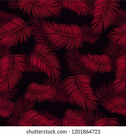 Seamless floral pattern red tropical palm leaves, jungle leaves on black background. Vector illustration.