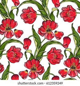 Seamless floral pattern from red tulips on white background in vector. Floral background for invitations, greeting cards, textiles, packaging, scrapbook. Design element bouquet of red tulips.