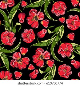 Seamless floral pattern with red tulips on a black background. Floral background for invitations, greeting cards, textiles, packaging, scrapbooking.