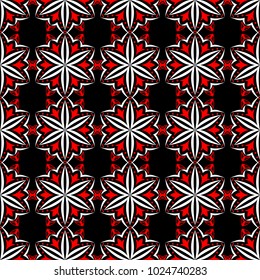 Seamless floral pattern. Red, white elements on black background