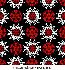Seamless floral pattern. Red and white elements on black background