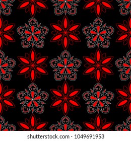 Seamless floral pattern. Red and white elements on black background.