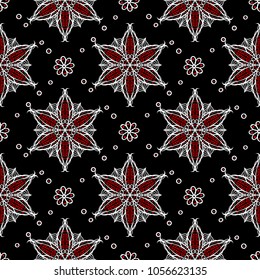 Seamless floral pattern. Red and white elements on black background.