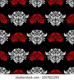 Seamless floral pattern. Red and white elements on black background.
