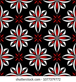 Seamless floral pattern. Red and white elements on black background.