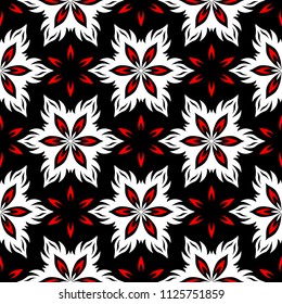 Seamless floral pattern. Red and white elements on black background.