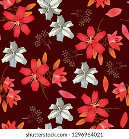 Seamless floral pattern with red and white lily flowers on dark brown background.
