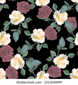 Seamless floral pattern with red and white roses on black background.  Vector illustration.