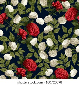 Seamless floral pattern with of red and white roses on black background. Vector illustration.