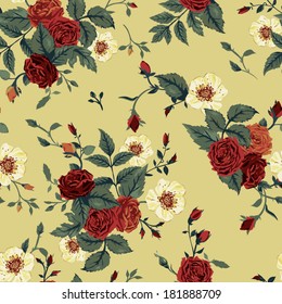 Seamless floral pattern with of red and white roses. Vector illustration.