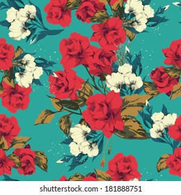 Seamless floral pattern with of red and white roses. Vector illustration.