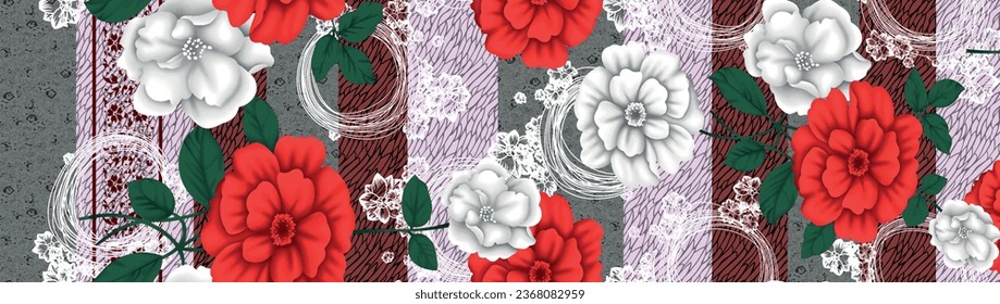 Patrón floral sin foco en colores de color rojo, blanco y verde. Resumen del fondo floral.