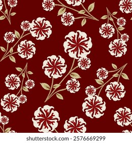 Seamless Floral Pattern with Red and White Flowers on Burgundy Background