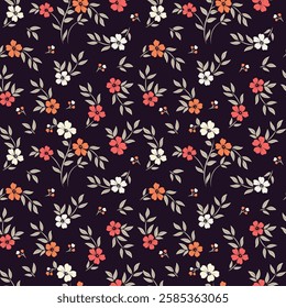 Seamless floral pattern with red and white flowers on a dark background. Seamless retro floral pattern with soft pastel flowers on navy blue.