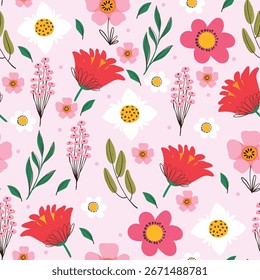 Patrón floral sin fisuras con flores rojas y blancas y rosadas, bayas y hojas sobre fondo rosa. Diseño botánico lindo para la tela, la papelería, y el papel de embalaje.
