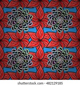 Seamless floral pattern with red and white and black petals flower on blue background. Vector.