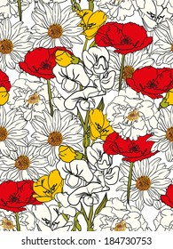 Seamless Floral Pattern With Red and yellow Flowers On Monochrome Background 