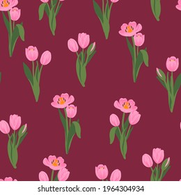 Seamless floral pattern red, yellow, purple, pink tulips and green leaves. Spring flowers background for wrapping, textile, wallpaper, scrapbook, Easter, Happy Mothers, Womens Day. Flat cartoon design