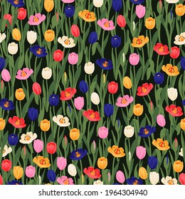 Seamless floral pattern red, yellow, purple, pink tulips and green leaves. Spring flowers background for wrapping, textile, wallpaper, scrapbook, Easter, Happy Mothers, Womens Day. Flat cartoon design