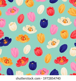 Seamless floral pattern red, yellow, purple, pink tulips and green leaves. Spring flowers background for wrapping, textile, wallpaper, scrapbook, Easter, Happy Mothers, Womens Day. Flat cartoon design